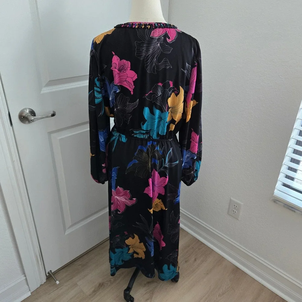 Kobi Halperin Black Floral Midi Dress Large Braided V-Neck Drawstring KP1D16 - Picture 4 of 8